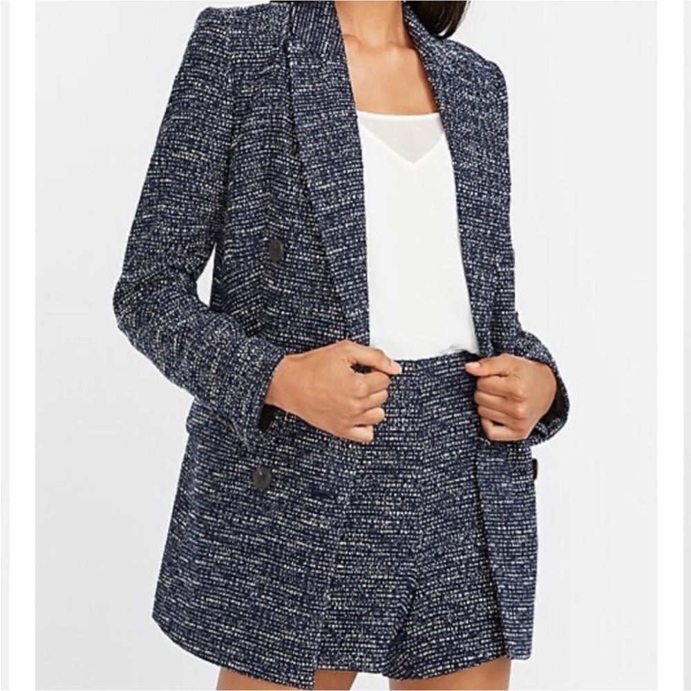 Express Blue Tweed Double Breasted Blazer